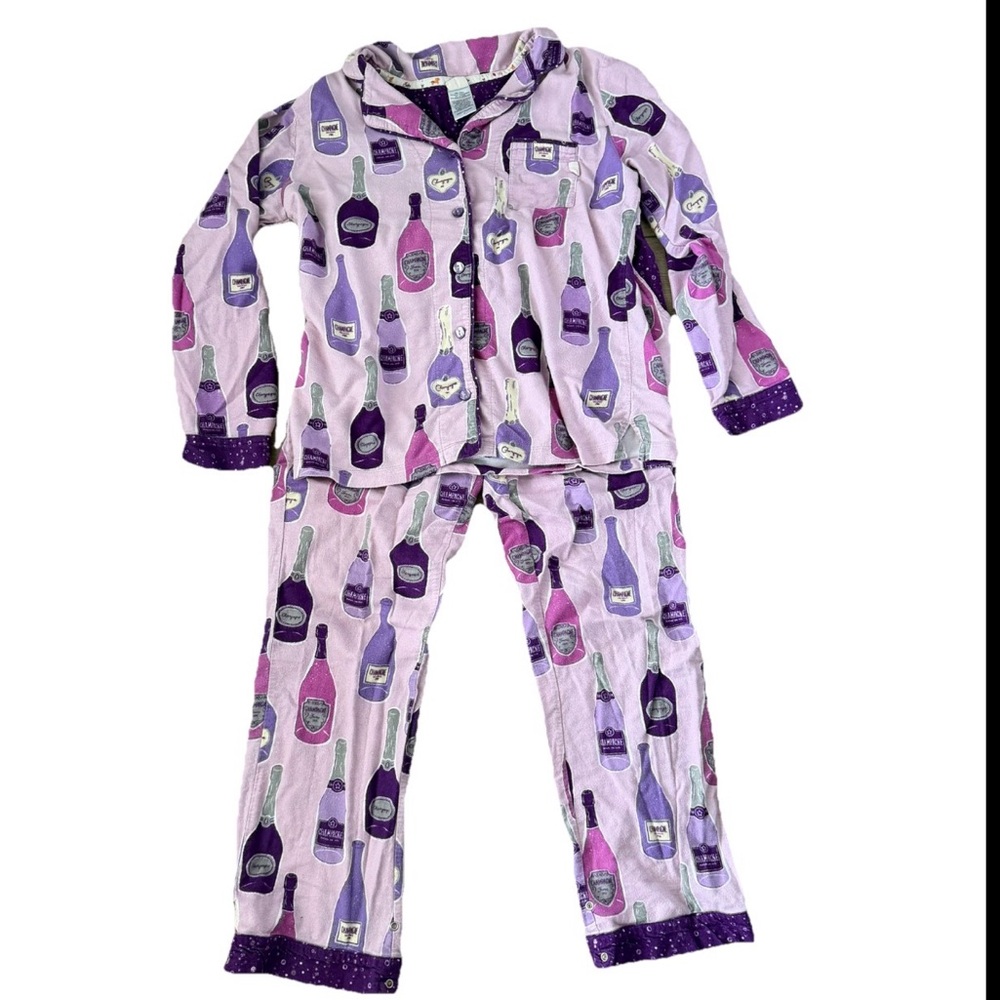 Munki Munki Flannel Pajama Set M Champagne Bottle Print Bamboo Cotton